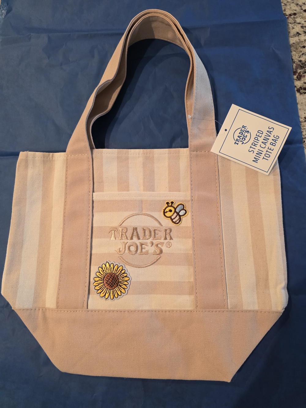 Trader Joe's Upcycle Beige Stripe Canvas Tote Bag with Sunflower & Bee Patches